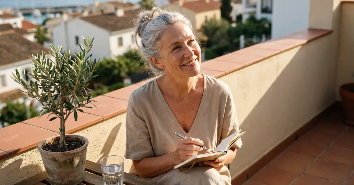 Een vrouw van middelbare leeftijd zit in de avondzon op een balkon met een notitieboek en glimlacht rustig, een olijfboompje en een glas water naast de stoel.