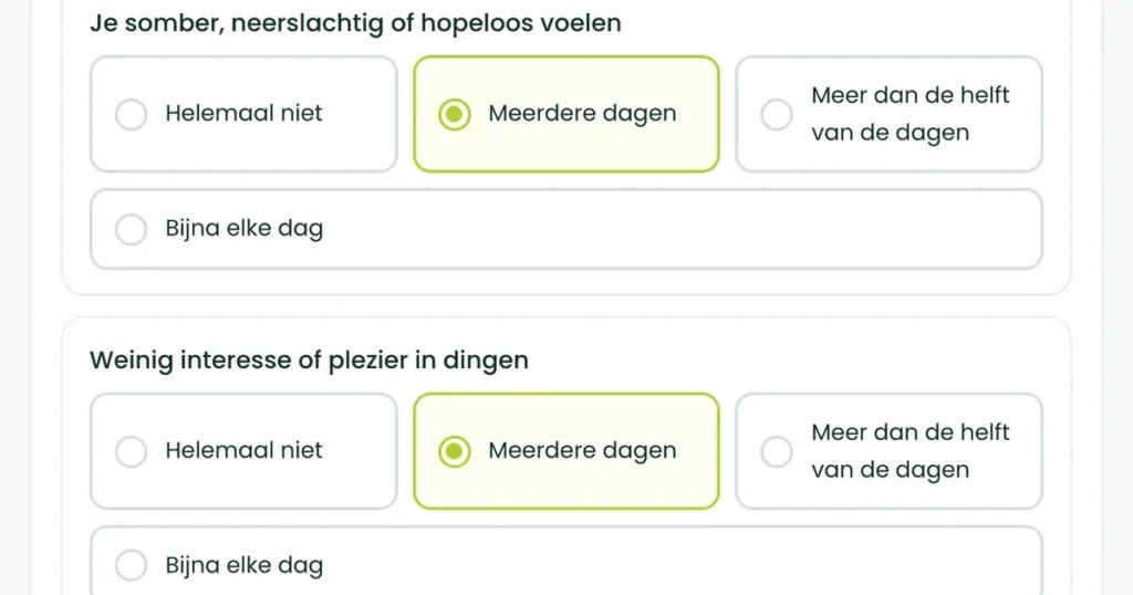 Twee van de vier vervolgvragen over stemming en piekeren in de BioProfile-scan, voor wie zich afvraagt of een vitamine d-tekort psychische klachten kan geven.
