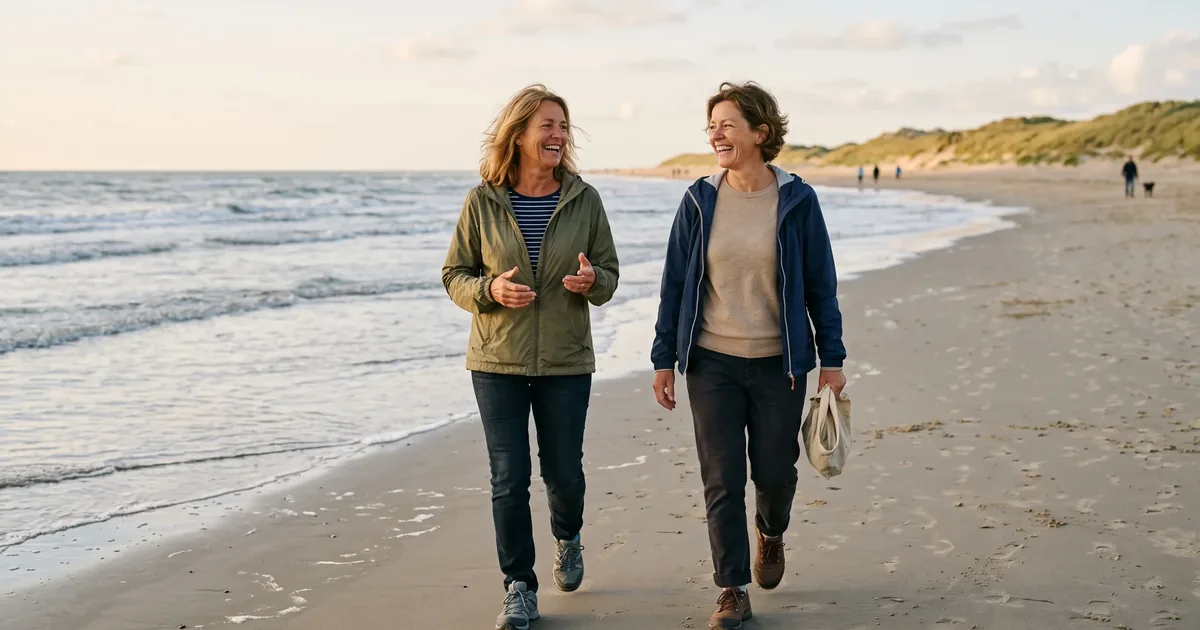 Twee vriendinnen van begin vijftig wandelen lachend over een breed strand aan de Noordzee in goudkleurig middaglicht