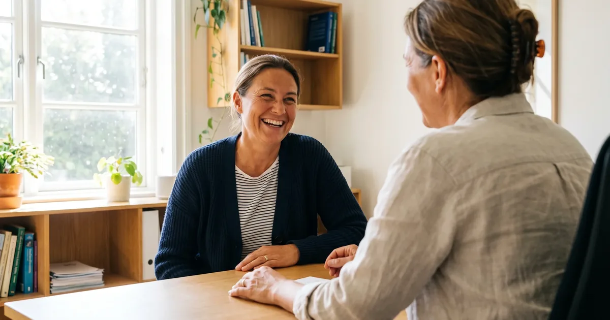 Ontspannen vrouw van rond de vijftig in een marineblauw vest glimlacht tijdens een gesprek met de huisarts in een lichte spreekkamer