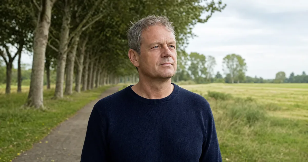 Waarom ben ik zo vergeetachtig: een man van rond de 50 met kort grijzend haar en een donkerblauwe trui staat naast een pad met een rij platanen langs een vlak grasland en kijkt rustig in de verte.