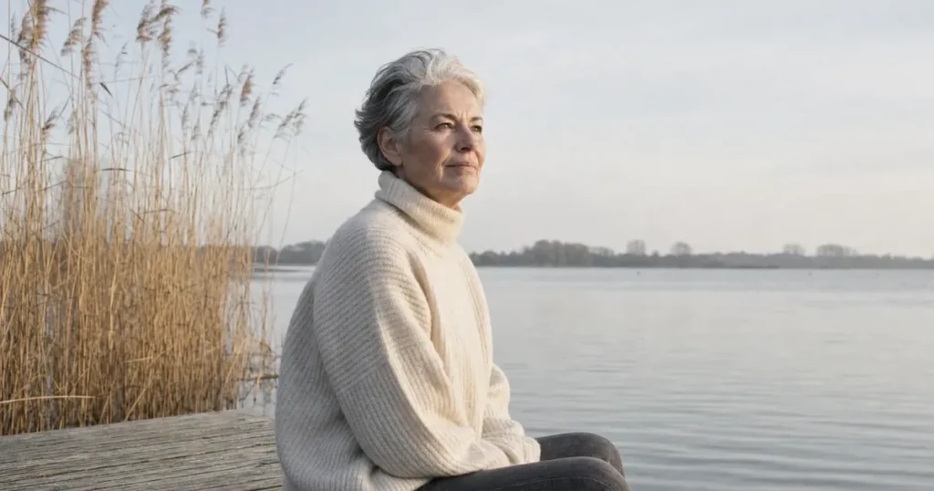 Een vrouw van in de zestig in een crèmekleurige wollen trui zit op een houten steiger naast het riet en kijkt rustig uit over een meer, als beeld bij de vraag wat is een burn out.
