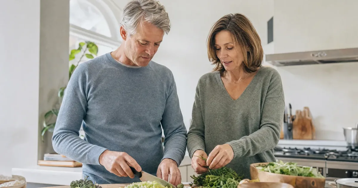What is metabolism: a couple in their early fifties cook together in a bright kitchen, chopping vegetables and herbs on a wooden board.
