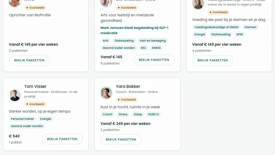 Karten von Experten im Expertenverzeichnis von BioProfile, jede mit einem Foto.