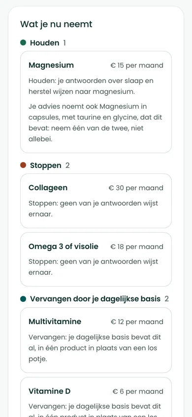 De uitslagpagina van de BioProfile-supplementenscan op een telefoon, met wat je houdt, stopt en vervangt