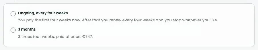 The length of a guidance package: ongoing every four weeks or three months.